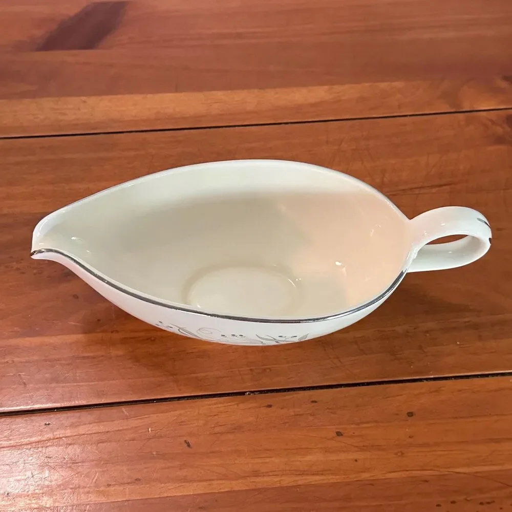 Homer Laughlin Celeste Gravy Boat and Underplate Mid Century Platinum Trim MCM
